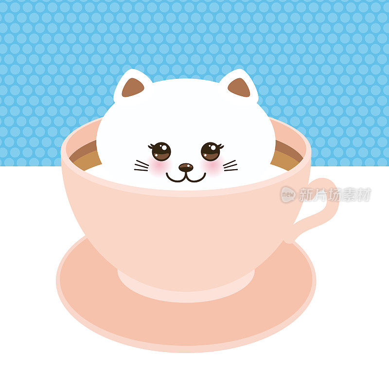 可爱的卡瓦依猫在粉红色的泡沫咖啡杯，咖啡艺术孤立在白色的蓝色背景。拿铁艺术3 d。牛奶泡沫顶部的一杯热咖啡或巧克力。向量